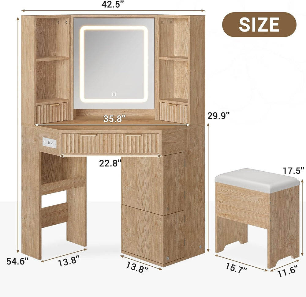 BTHFST Corner Vanity Desk with Lights and Charging Station, Makeup Vanity wit...