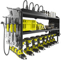 Warome Garage Power Tool Organizer with 8-Outlet Power Strip, Tool Storage Rack Wall Mount with 8 Cordless Drill Holders, Tool Organization Shelf with Charging Station in Black