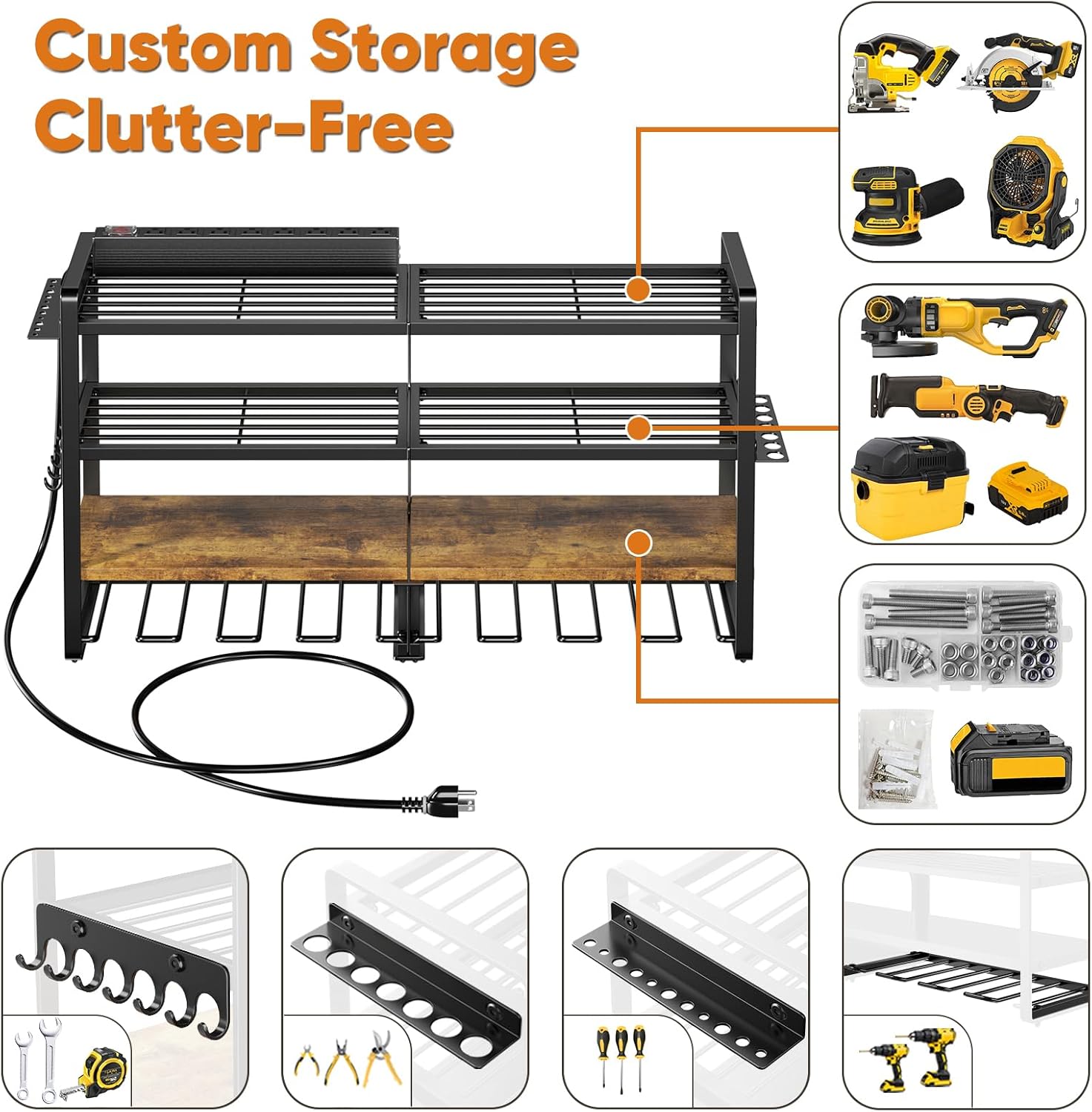 Large Power Tool Organizer with 8 Outlet Charging Station, Loads 600lbs, 4 Layer Heavy Duty Utility Rack Holds 8 Cordless Drills, Wall Mount Tool Battery Garage Storage Shelf, Gift for Men