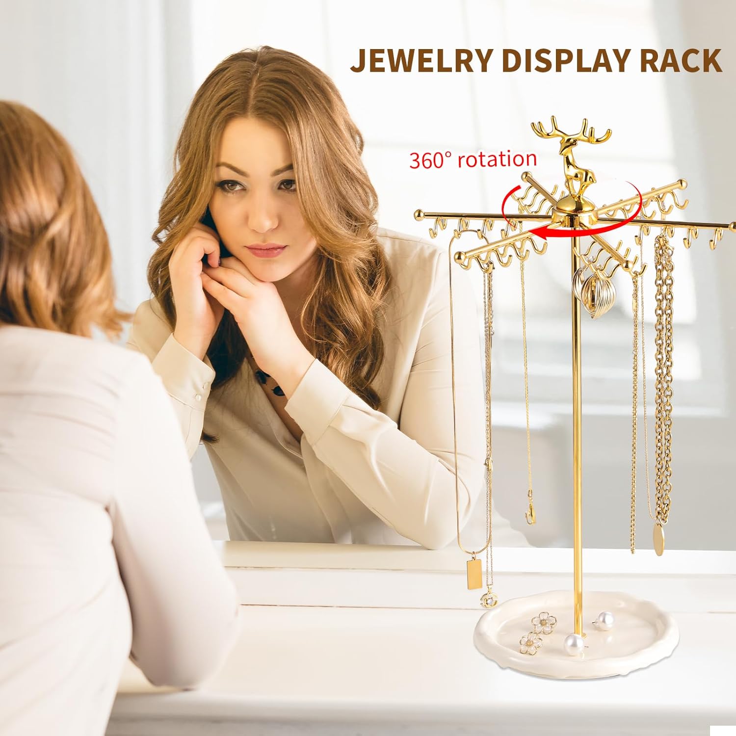 Necklace Holder Jewelry Stand, Rotating Necklace Holder Organizer with 48 Hooks for Necklace Earring Keychains Bracelet Display Stand, Metal Necklace Tree Stand -Women Gifts (Gold)