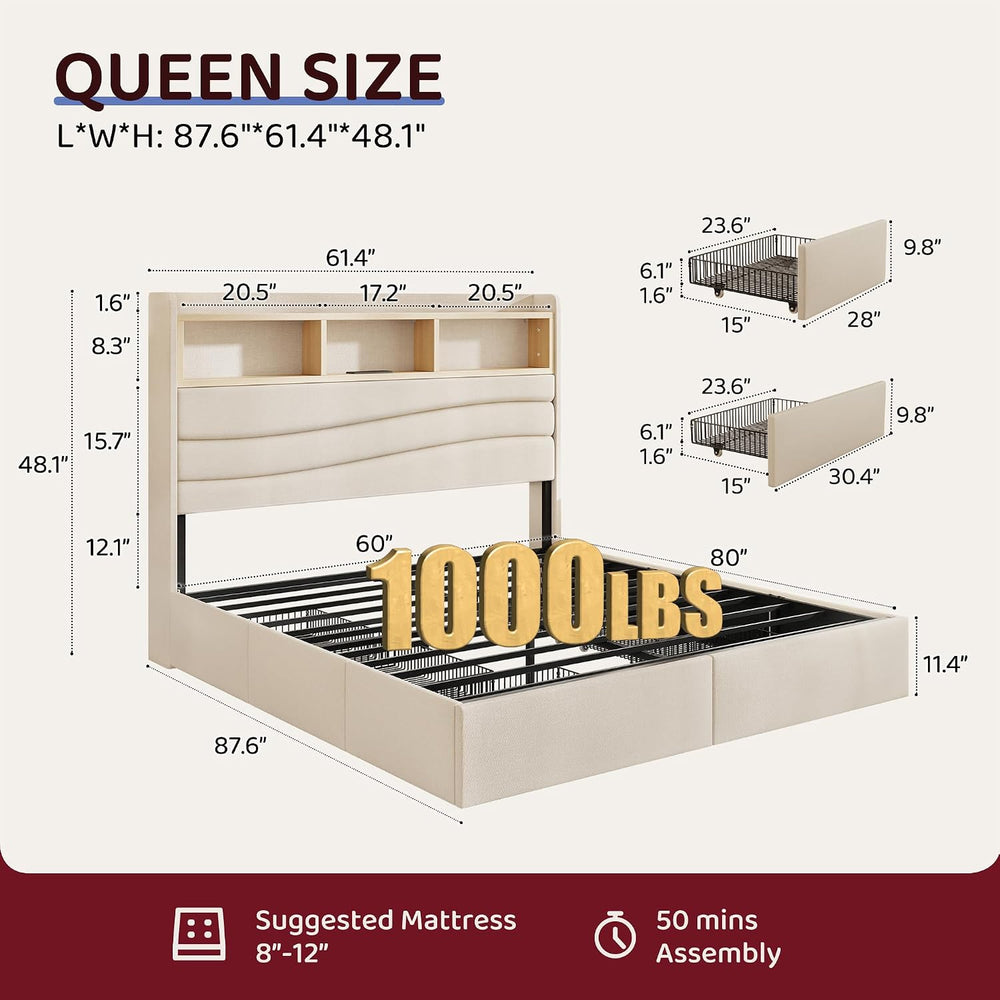 BRELTAM Queen Size Bed Frame with 6 Storage Drawers, Linen Upholstered Platfo...