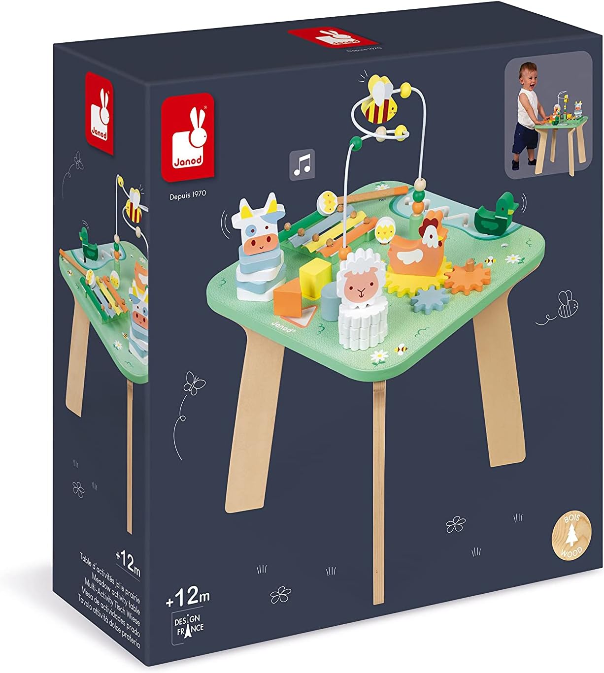 Janod - Wooden Pretty Meadow Activity Table 21.1" - for Ages 12 Months+ - Engaging Farm-Themed Play - Enhances Dexterity and Coordination - Crafted with Care | Enhances Dexterity and Coordination - Educational Motor Skills Toy for Toddlers - Ages 12