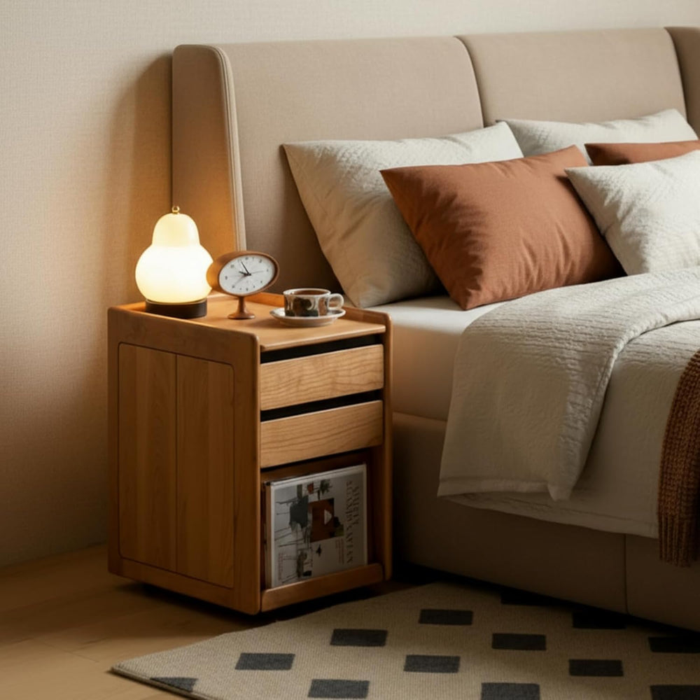 YESWOOD Solid Cherry Wood Side Table with Wheels, Narrow Side Tables with Sto...
