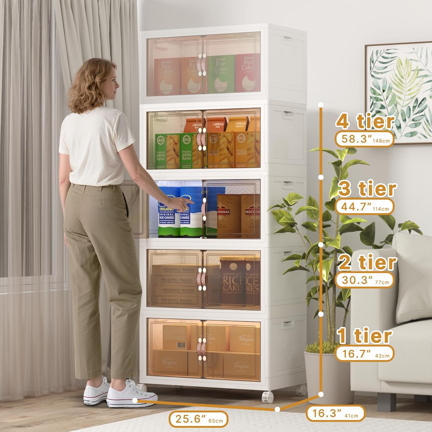 Extra Large Stackable Storage Bins with Lids & Wheels, Foldable Collapsible Closet Organizers Storage Cabinet with Doors for Bedroom Dorm (White, 480QT-120QT/30GAL*4Pack)