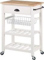 OSP Home Furnishings Hampton Kitchen Cart with Wood Top, Utensil Drawer, Under Cabinet Basket, and 2 Slatted Shelves, White Base
