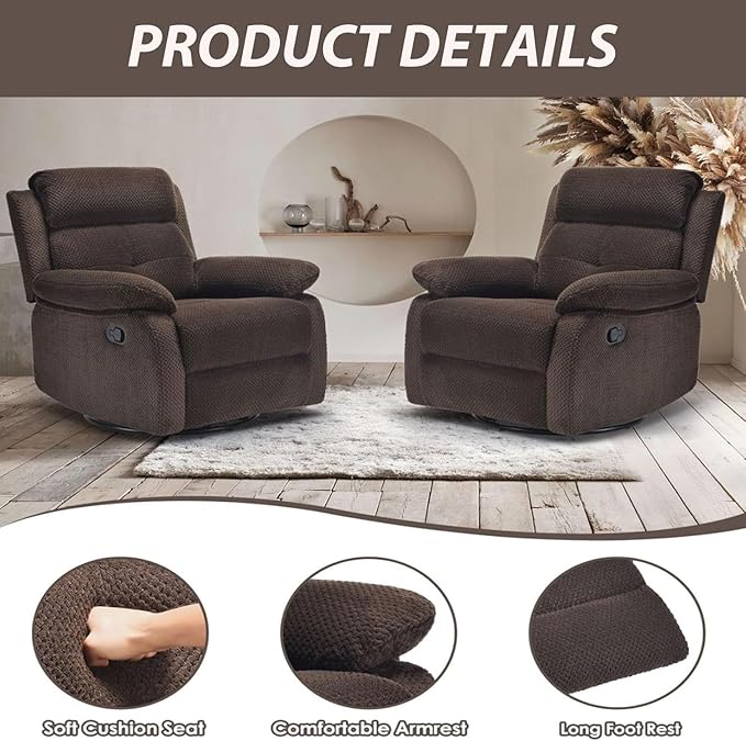 Swivel Rocker Recliner with 360 Degree Swivel, Small Recliners with 30 Degree, 90-150 Degree Angle, Lift Chair for Home Theater Seating, Adults, Living Room, Bedroom, Nursery, Coffee