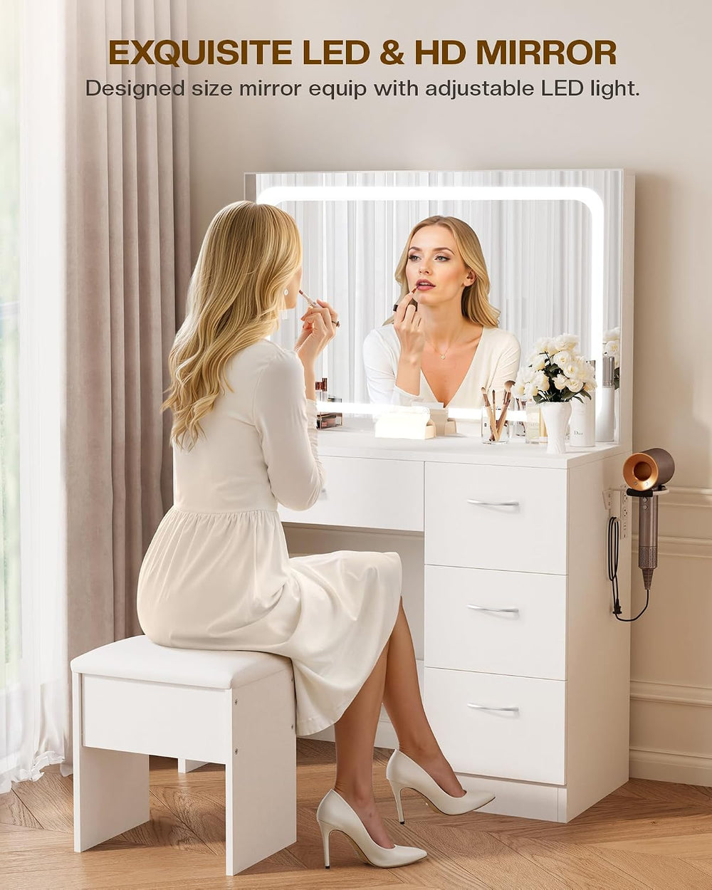 LIVELYGLOW 35.4" White Vanity Desk Set with Full-Width LED Mirror & ...