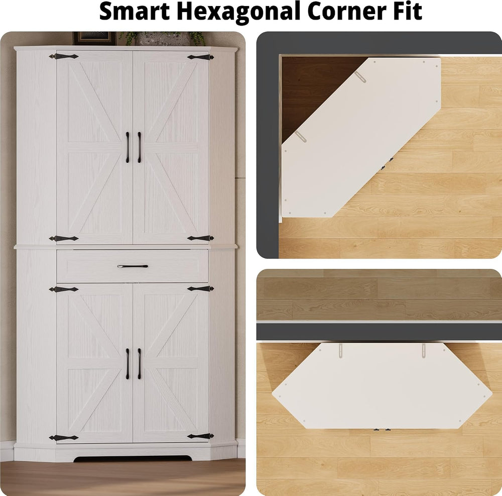 IRONCK 72" Corner Pantry Cabinet with Drawer and 4 Doors, White | Kitche...