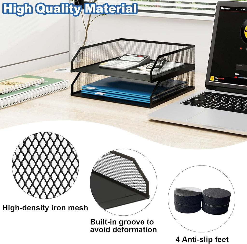 Natwind 2-Tier Stackable Paper Tray, Metal Mesh Desktop Organizer, A4 Paper Sorter, Letter Trays,File Folder Sorter Organizer with Sliding Tray for Home, Office, School (Black)