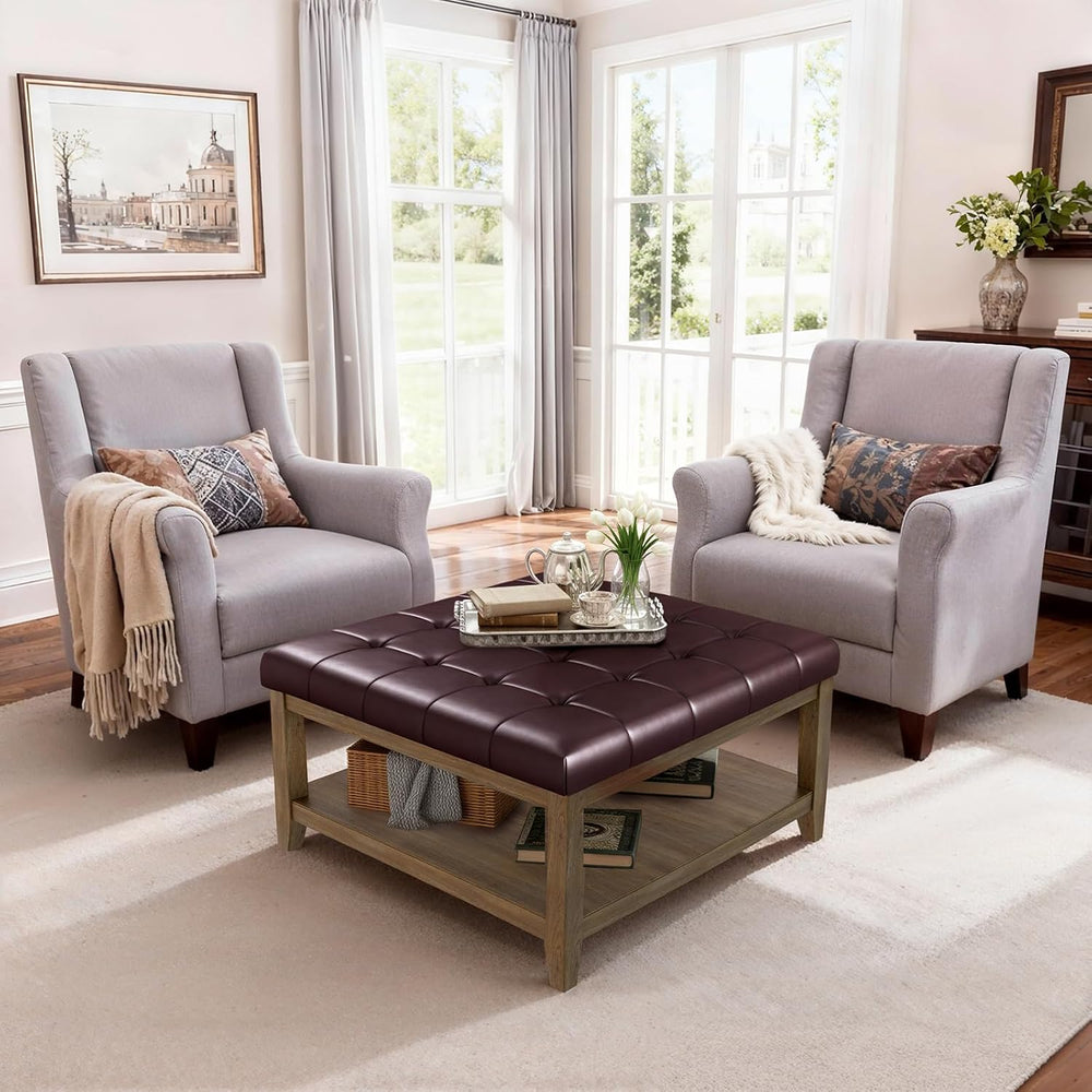 ABHENG 31.5" Large Square Storage Ottoman, Upholstery Solid Rubberwood C...