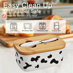 Large Butter Dish with Lid for Countertop,Cow Ceramic Butter Container with Knife Airtight Cover,Butter Keeper for Kitchen Counter or Fridge,Butter Holder Storage,Farmhouse Decor (White)