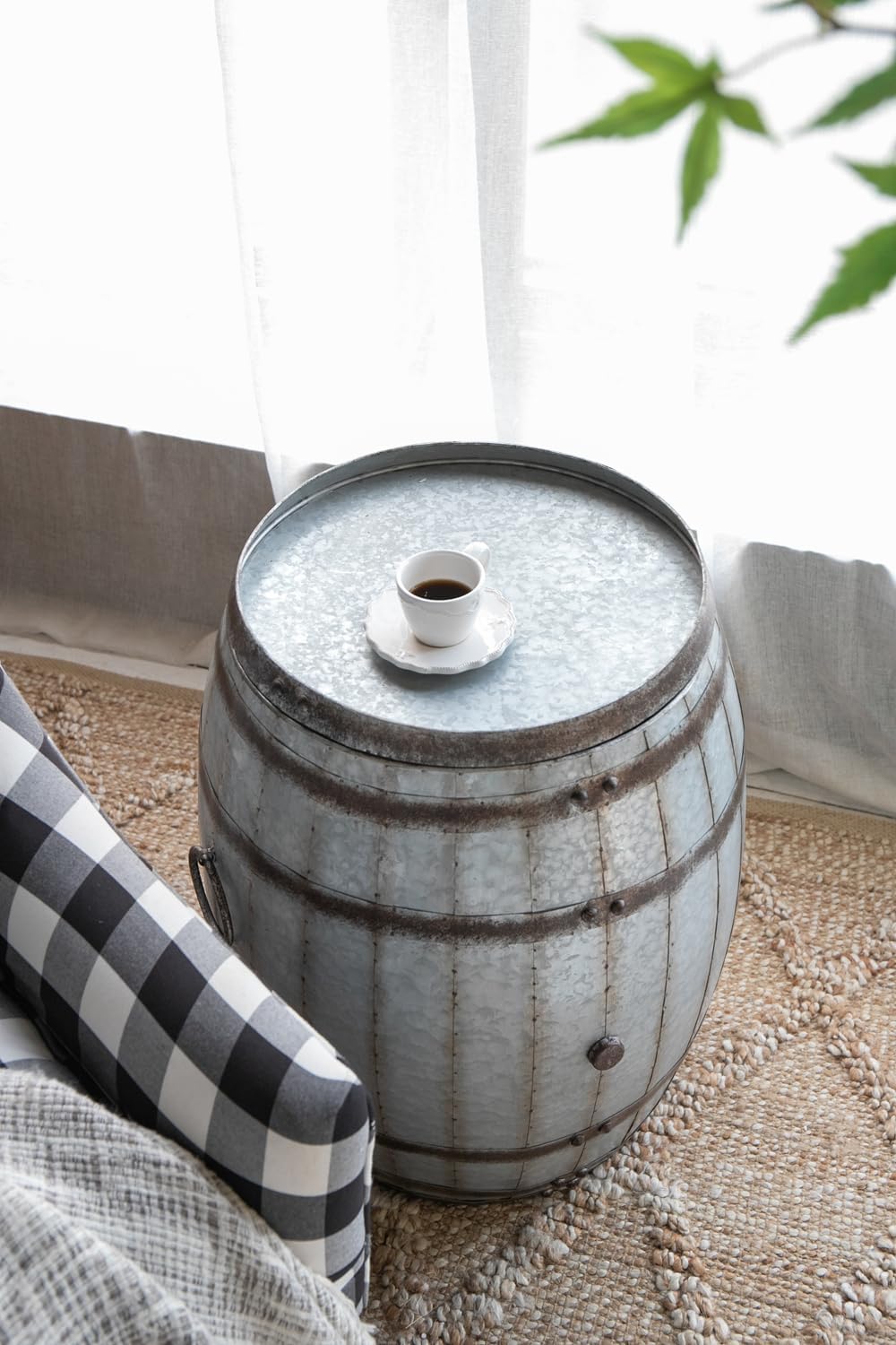 Drum Side Table with Removable Lid, 22.5x22.5x26 Inch Iron End Table with Sto...