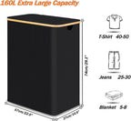 efluky Laundry Hamper with Lid, Trio Laundry Hamper with 3 Removable Bags, 3 Section Laundry Basket with Bamboo Handles for Bathroom, Bedroom & Laundry Room, 160L Black
