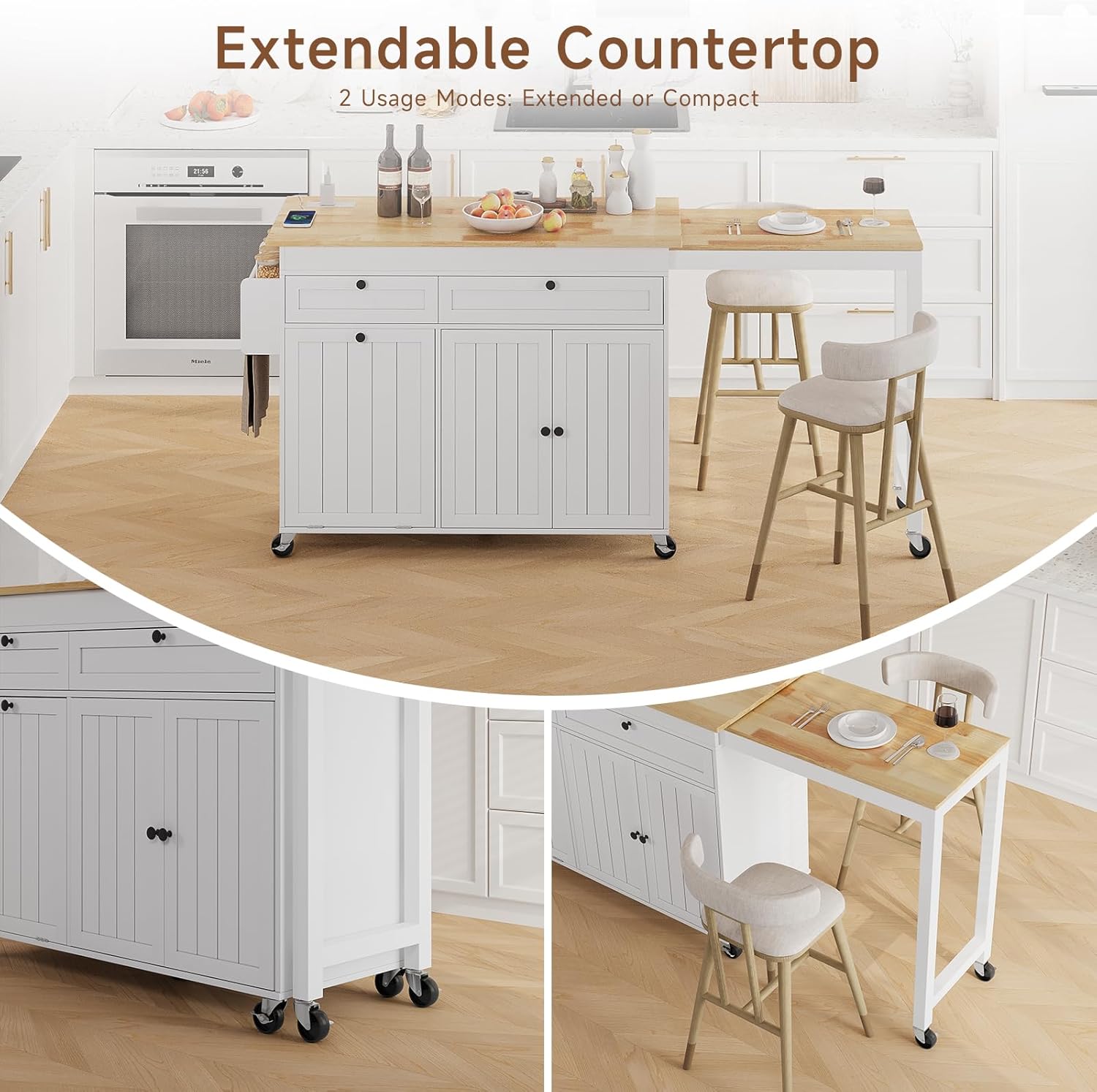 Kitchen Islands with Storage, Kitchen Island on Wheels with Extendable Dining Table and Power Outlet, Rolling Island Cart with Trash Cabinet, Spice Rack & Towel Rack, White