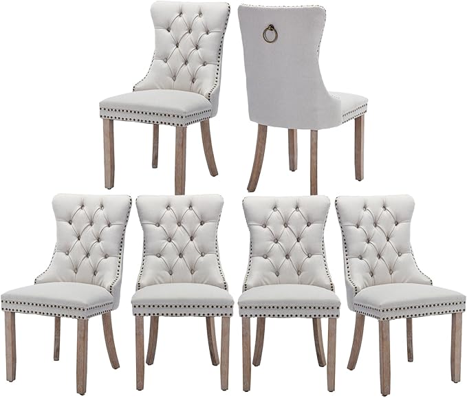 Dining Chairs Set of 6, Upholstered Tufted Linen Fabric Dining Room Chairs with High Back, Nailhead Trim and Solid Wood Legs, Modern Dining Chair for Dining Room, Kitchen(Beige)