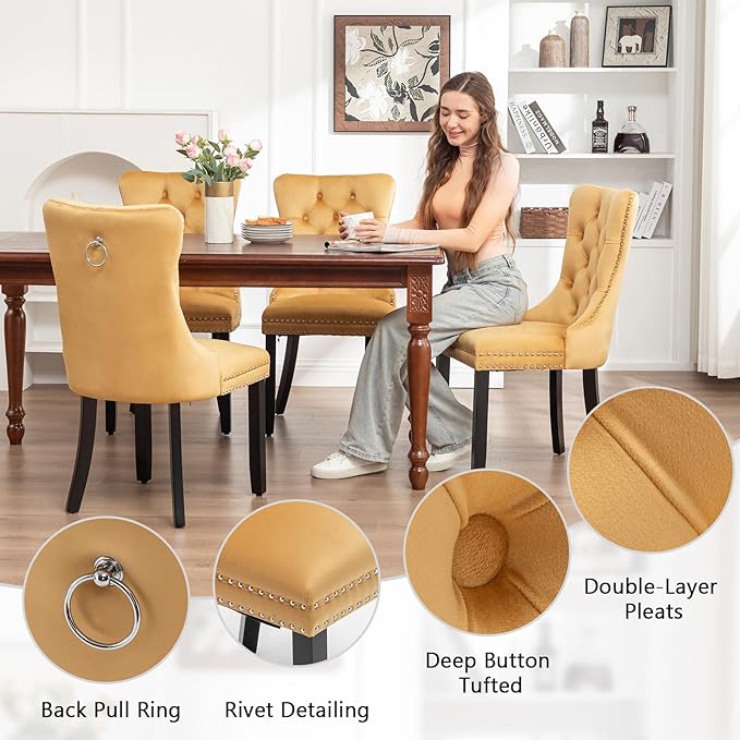 Velvet Dining Chairs Set of 4, Upholstered Dining Room Chairs with Nailhead Ring Pull Trim, Button Tufted Wing Back Chairs for Dining with Solid Wood Legs for Kitchen Dining Room(Gold)