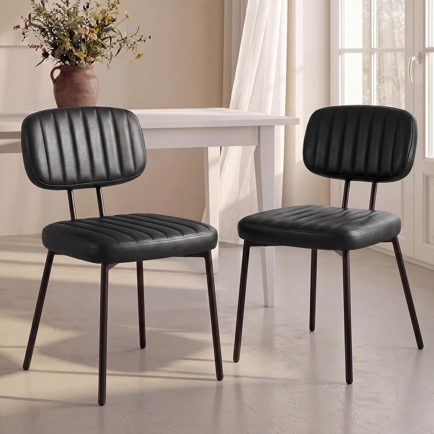 OLIXIS Dining Chairs Set of 2, Mid Century Modern Kitchen Chairs, Black | Faux Leather Cushion Seat, Metal Legs Backrest, Living Room Home Office Bedroom