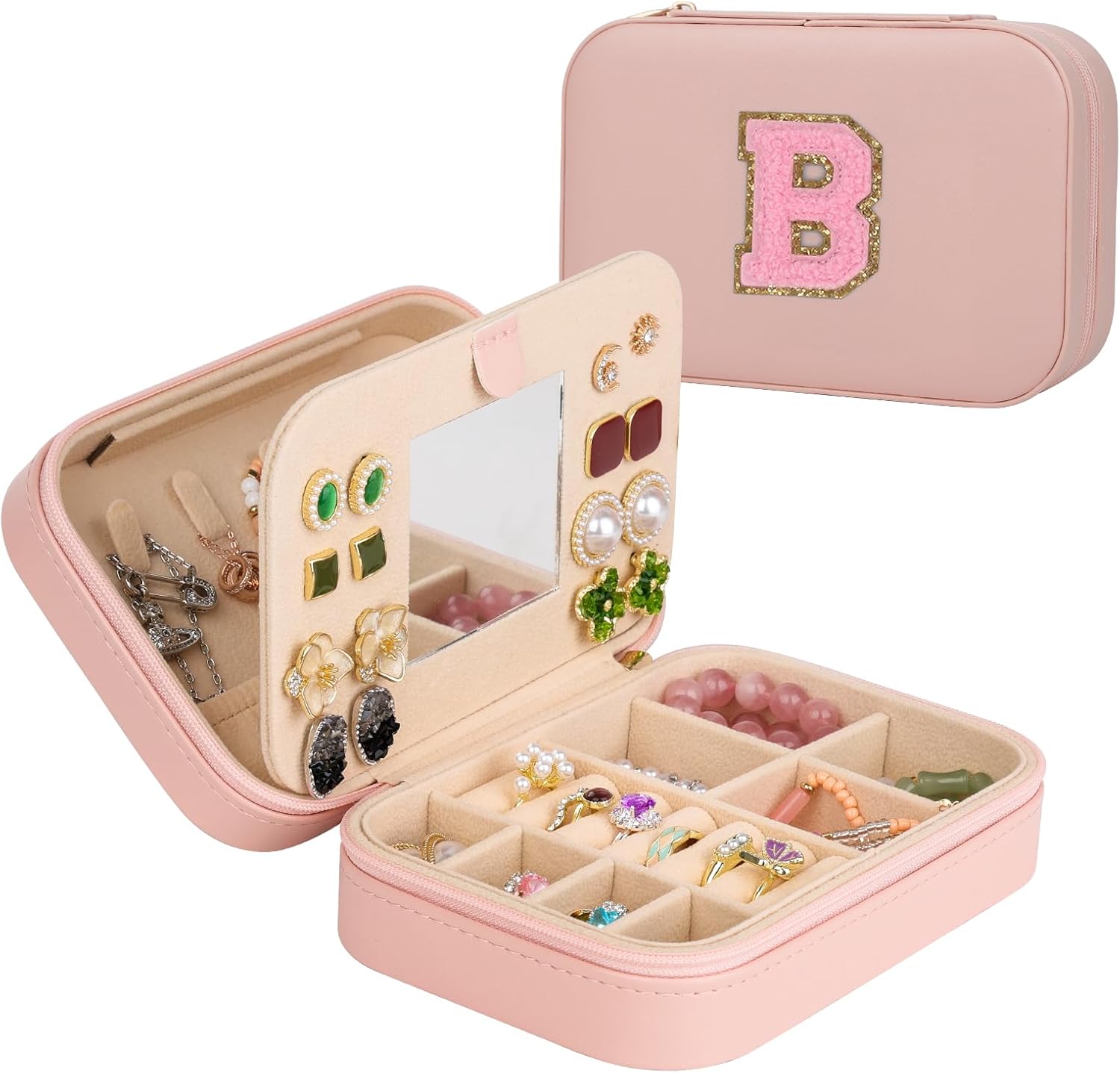 TopPerfekt Travel Jewelry Case, Jewelry Box with Mirror, Jewelry Organizer Bridal Shower Gifts to Her, Earring Storage Travel Case, Trendy Gift for Women and Girls, Girlfriend-Letter B, Pink