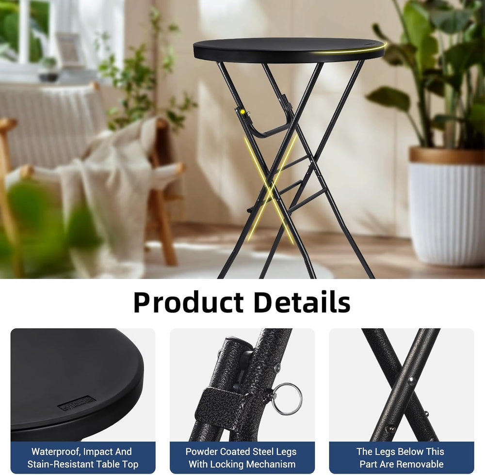 Byliable 28in Cocktail Folding Table, Round High Top Bar Height Black Table |...