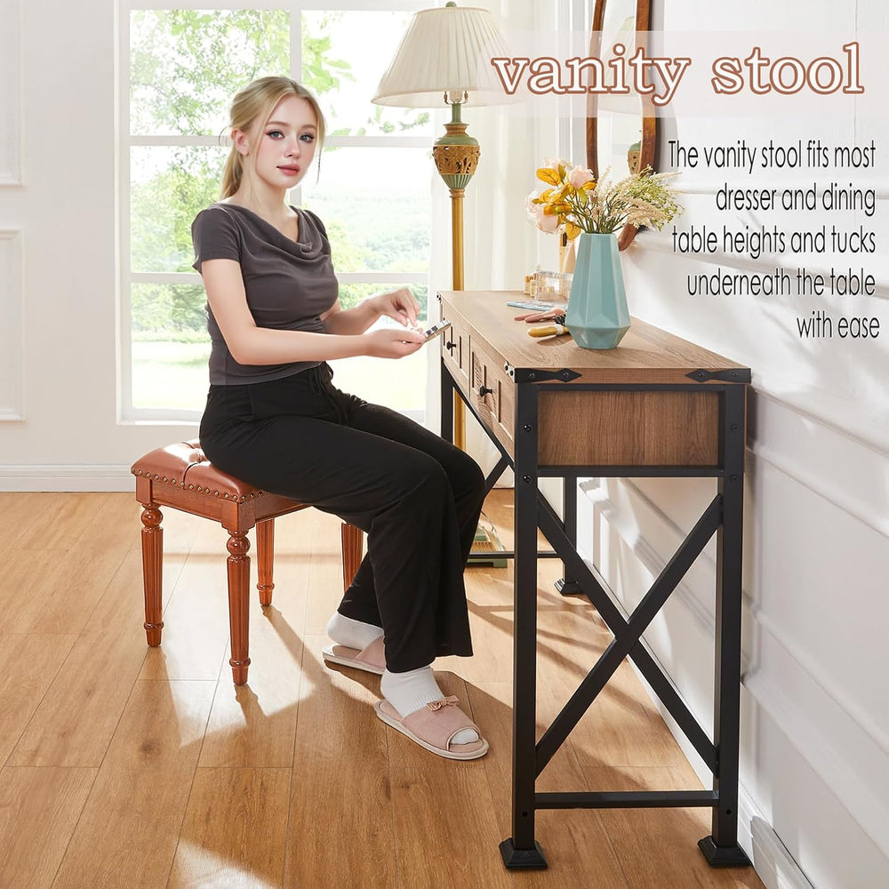 Microfiber Leather Vanity Stool for Makeup,Solid Wood Carvied Vanity Bench Se...
