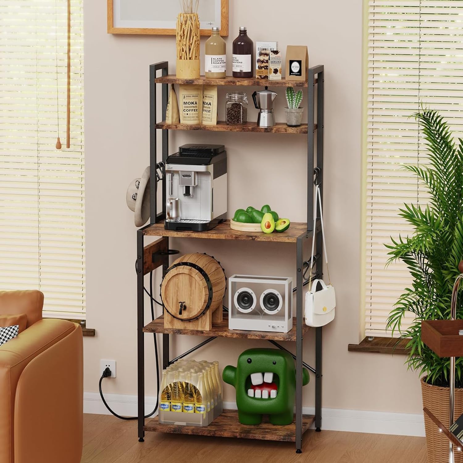 Kitchen Bakers Rack with Power Outlet, 5 Tiers Coffee Bar Table, Kitchen Microwave Stand with 6 S-shaped Hooks, Kitchen Storage Shelf Rack for Spices, Pots, Rustic Brown