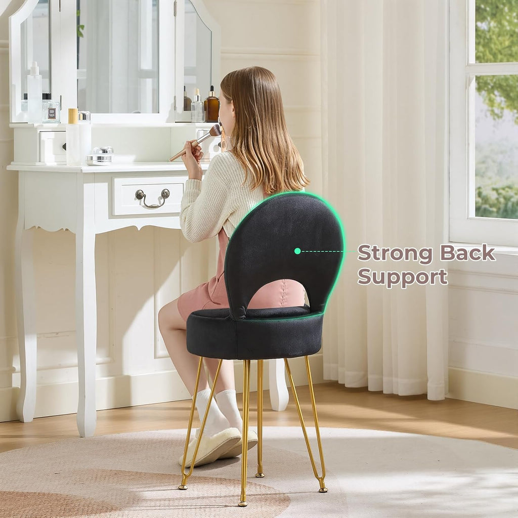 Velvet Black Small Vanity Chair & Stool - 13" Dx13 W Folding Back Storage Ottoman, Anti-Slip Golden V-Leg for Bedroom Makeup Room