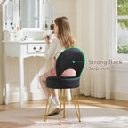Velvet Black Small Vanity Chair & Stool - 13" Dx13 W Folding Back Storage Ottoman, Anti-Slip Golden V-Leg for Bedroom Makeup Room