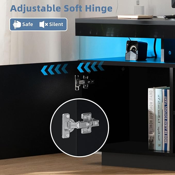 HOMMPA Modern LED TV Stand for 65/60/55 inch TV with Power Outlets - Gaming Console Storage Entertainment Center with LED Lights - Black
