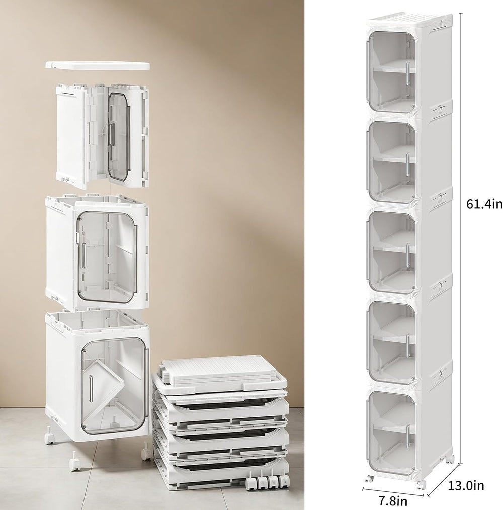 5-Tier Narrow Storage Cabinet Slim Bathroom Tall Skinny Organizer | Movable S...