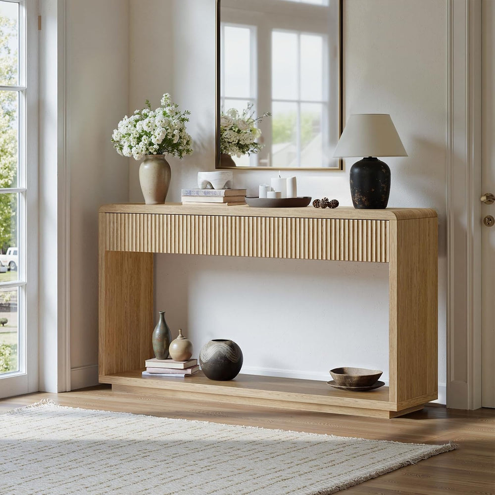 Evermagin 59'' Oak Entryway Table with Drawers, Boho Fluted Console T...