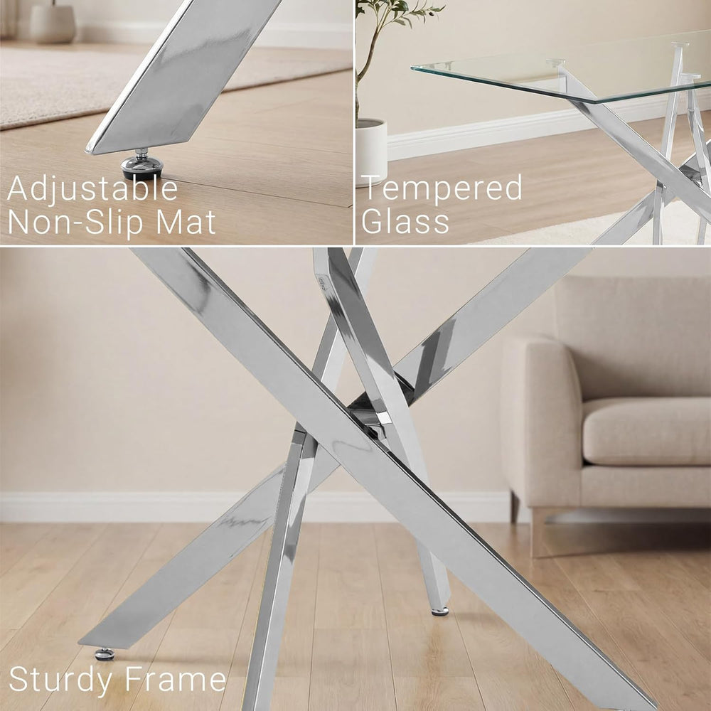 59 Inch Glass Dining Table for 6, Modern Square Kitchen Table with Silver Leg...