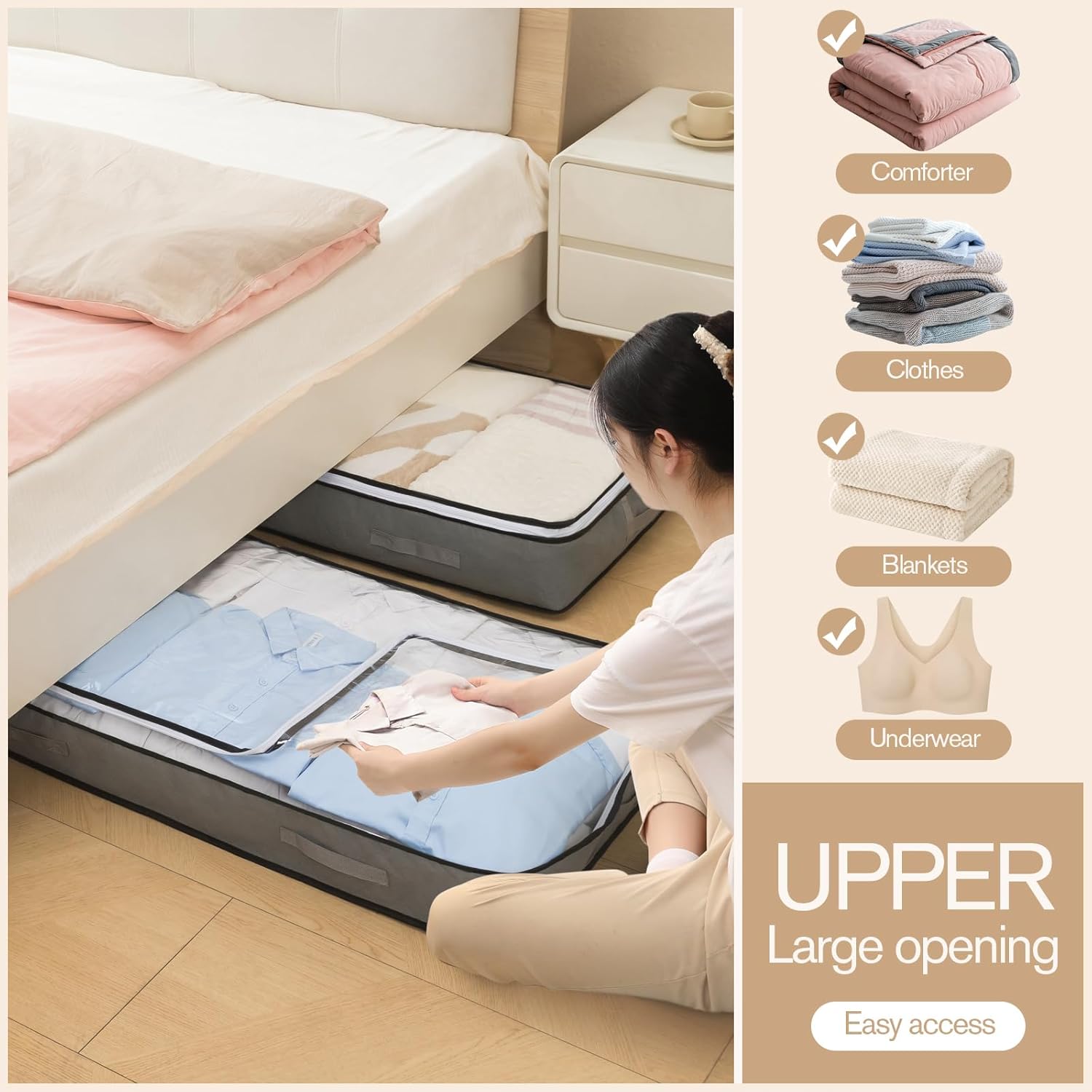 90L Under Bed Storage Containers, Closet Organizers and Storage Bins, Foldable Underbed Storage Bags for Blanket, Clothing, Comforter, Sweaters, Pillows, Linen Sheets, Wrapping Paper, grey