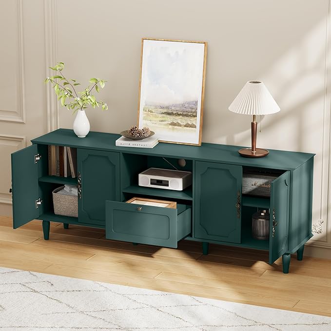 Mid-Century Modern TV Stand for 75+ inch TVs, 67" Entertainment Center with Storage Drawer, Long Media Console with Adjustable Shelves, Wood TV Cabinet for Living Room, Bedroom, Green