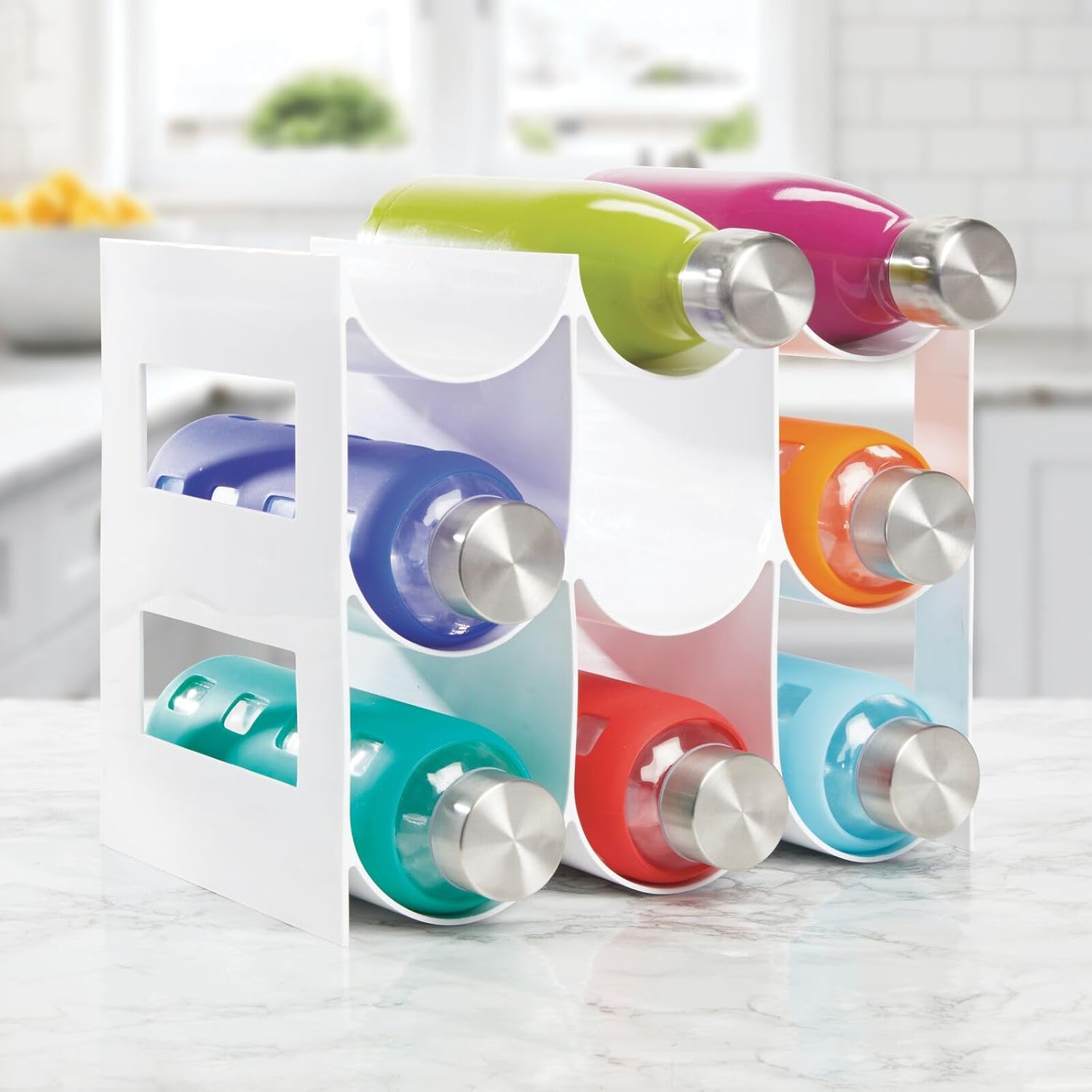 mDesign Plastic Free-Standing Water Bottle Organization/Wine Rack Storage Organizer for Kitchen Countertops, Cabinet, Bin, Pantry, Fridge, Refrigerator, 3 Tiers, 9 Bottles, Lumiere Collection - White