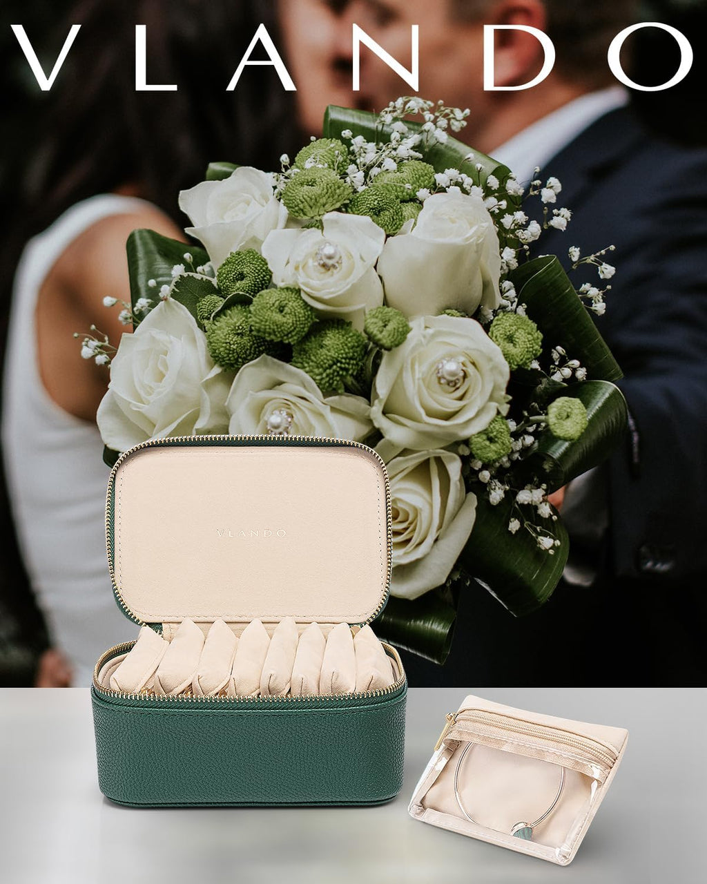 Vlando Jewelry Box with 8 Velvet Jewelry Bags Travel Jewelry Storage Box Petal Hardware Jewelry Organizer for Necklace Rings Earrings Women Gifts for Christmas Birthday-Green