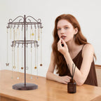 iDavosic.ly 2 Tier Rotating Necklace Holder Organizer with 42 Hooks, Adjustable Metal Bracelet Display Stand Rack, Extra Tall Keychain Spinning Tree Tower for Women, Espresso Brown