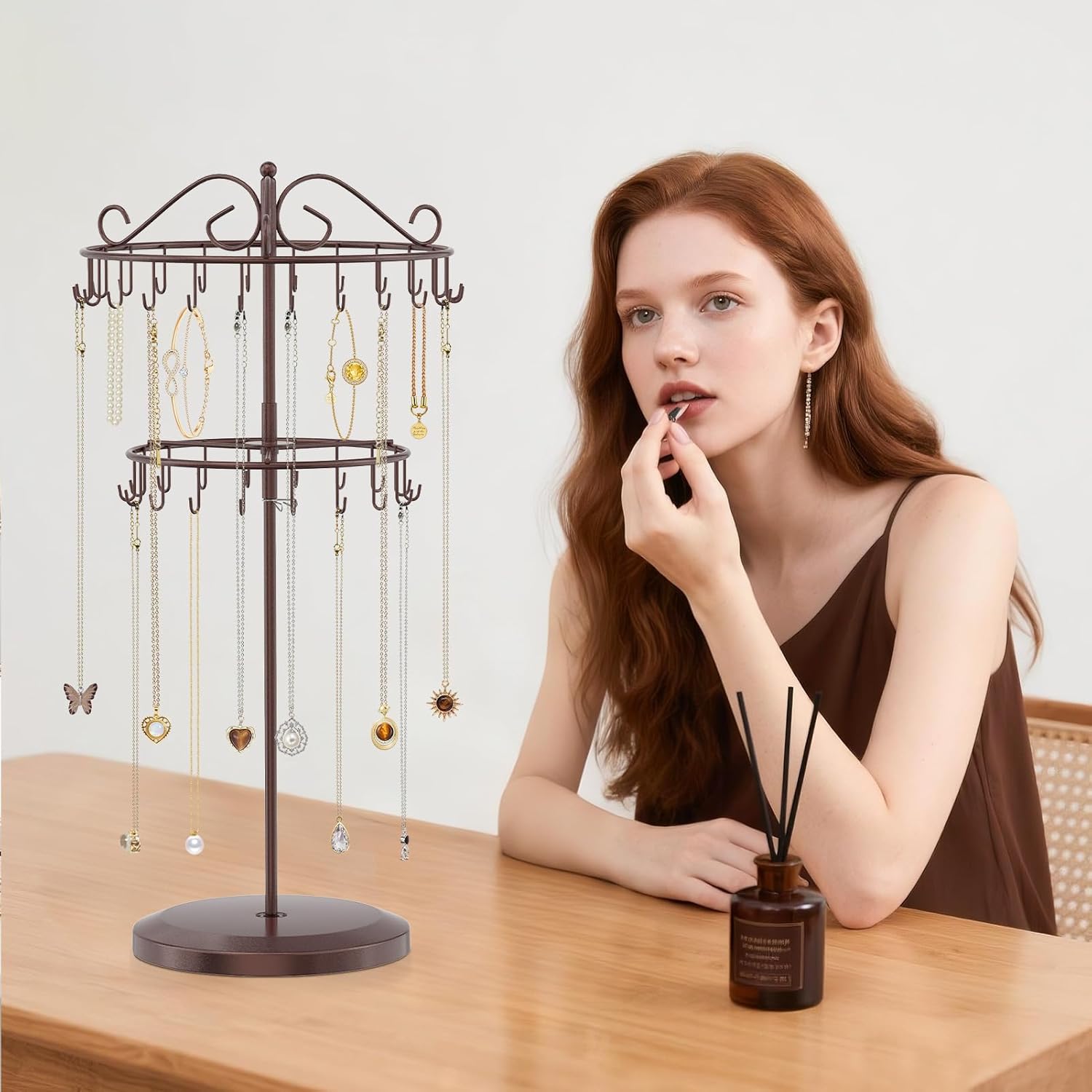 iDavosic.ly 2 Tier Rotating Necklace Holder Organizer with 42 Hooks, Adjustable Metal Bracelet Display Stand Rack, Extra Tall Keychain Spinning Tree Tower for Women, Espresso Brown