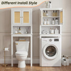 Over The Toilet Storage Cabinet, Behind Toilet Bathroom Organizer with Adjustable Shelves, Above Toilet Organizers with Rattan Door, Space Saver for Restroom, Bathroom, Laundry