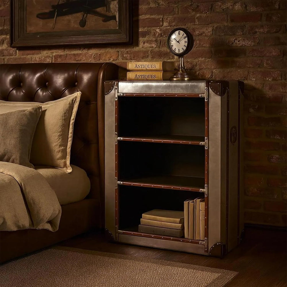 Aviator Side Table & Compact Bookcase with Aluminum Finish and Riveted De...