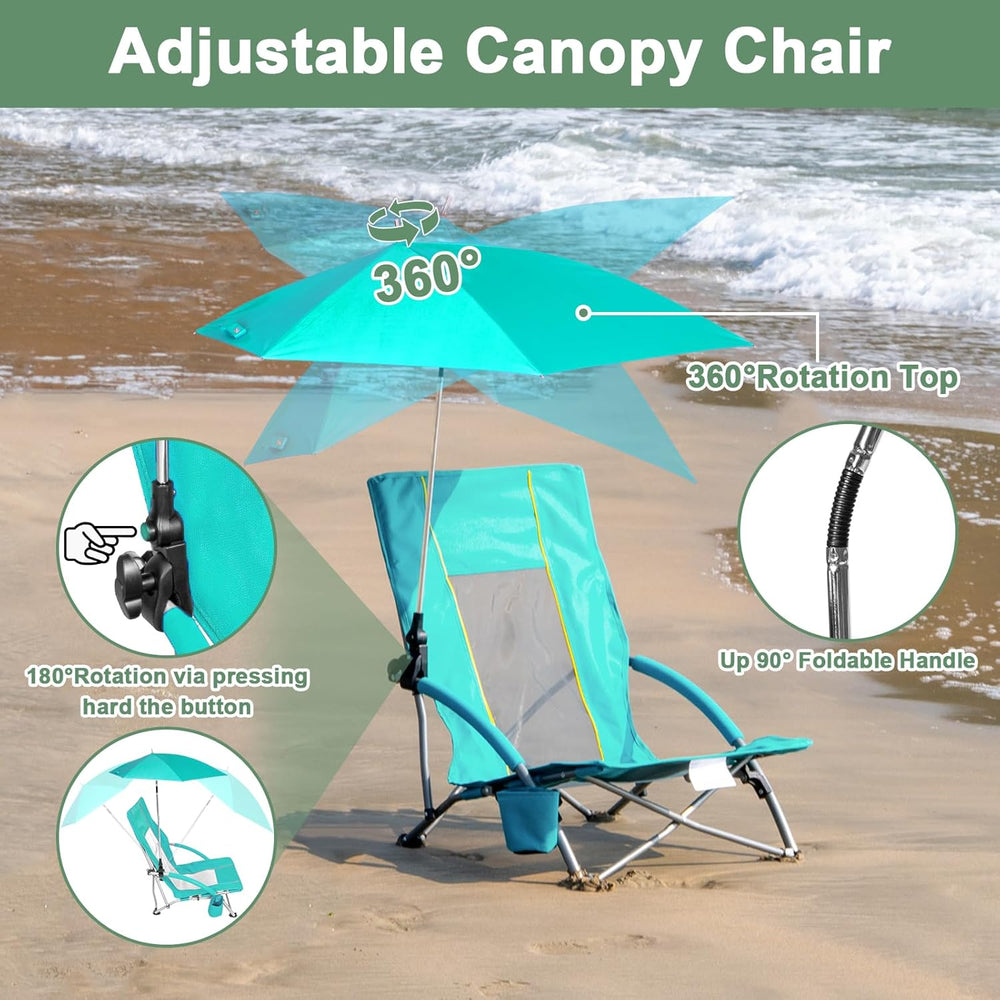 Romswi Beach Chair with Umbrella 2PK, Folding Low Beach Chairs for Adults wit...