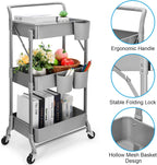 Foldable 3 Tier Metal Utility Rolling Cart, Folding Mobile Multi-Function Storage Trolley Organizer Cart for Home Library Office(Grey)