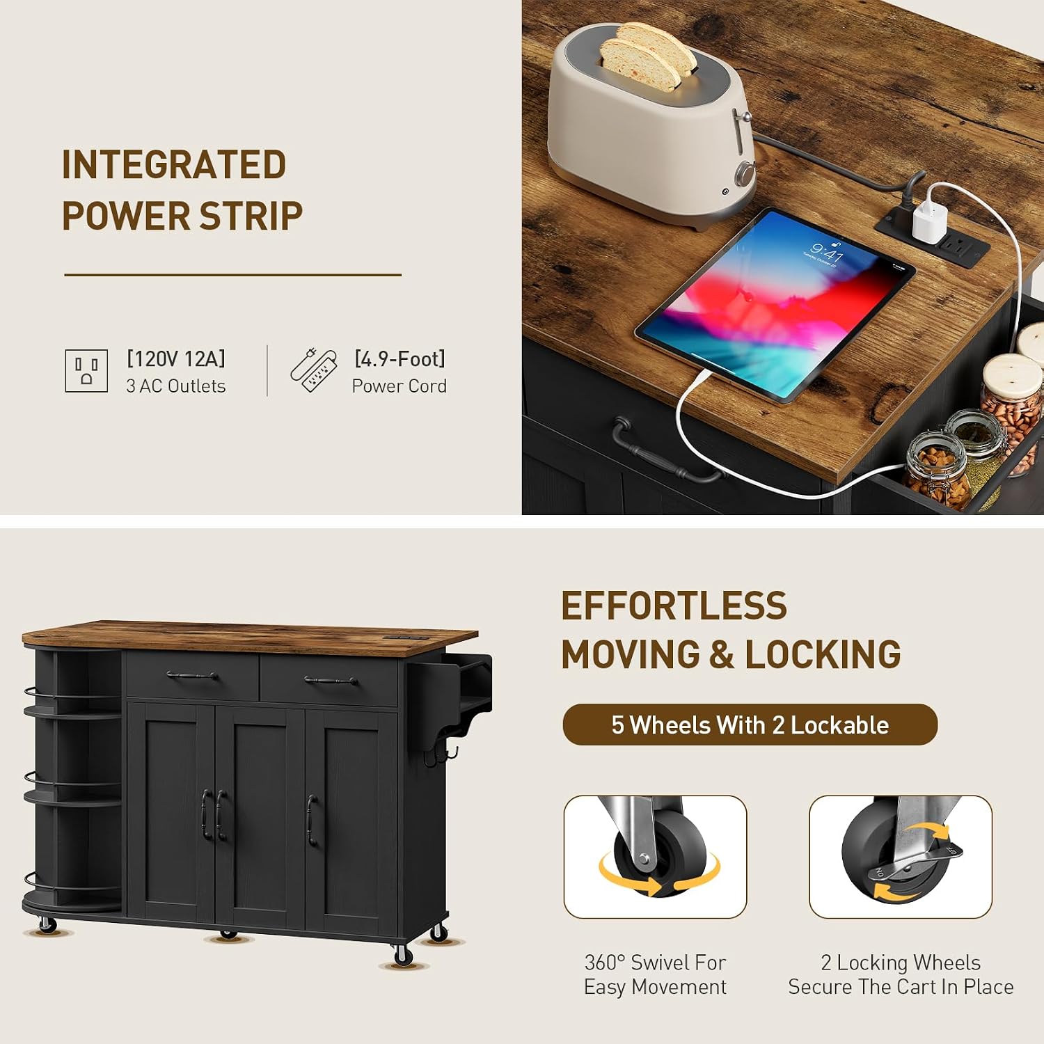 RALGEND Kitchen Island with Power Outlet & Drop Leaf, Kitchen Rolling Island with Rotating Organizer, Kitchen Island Cart with Storage Cabinet, Mobile Island Table for Kitchen, Black and Rustic Brown
