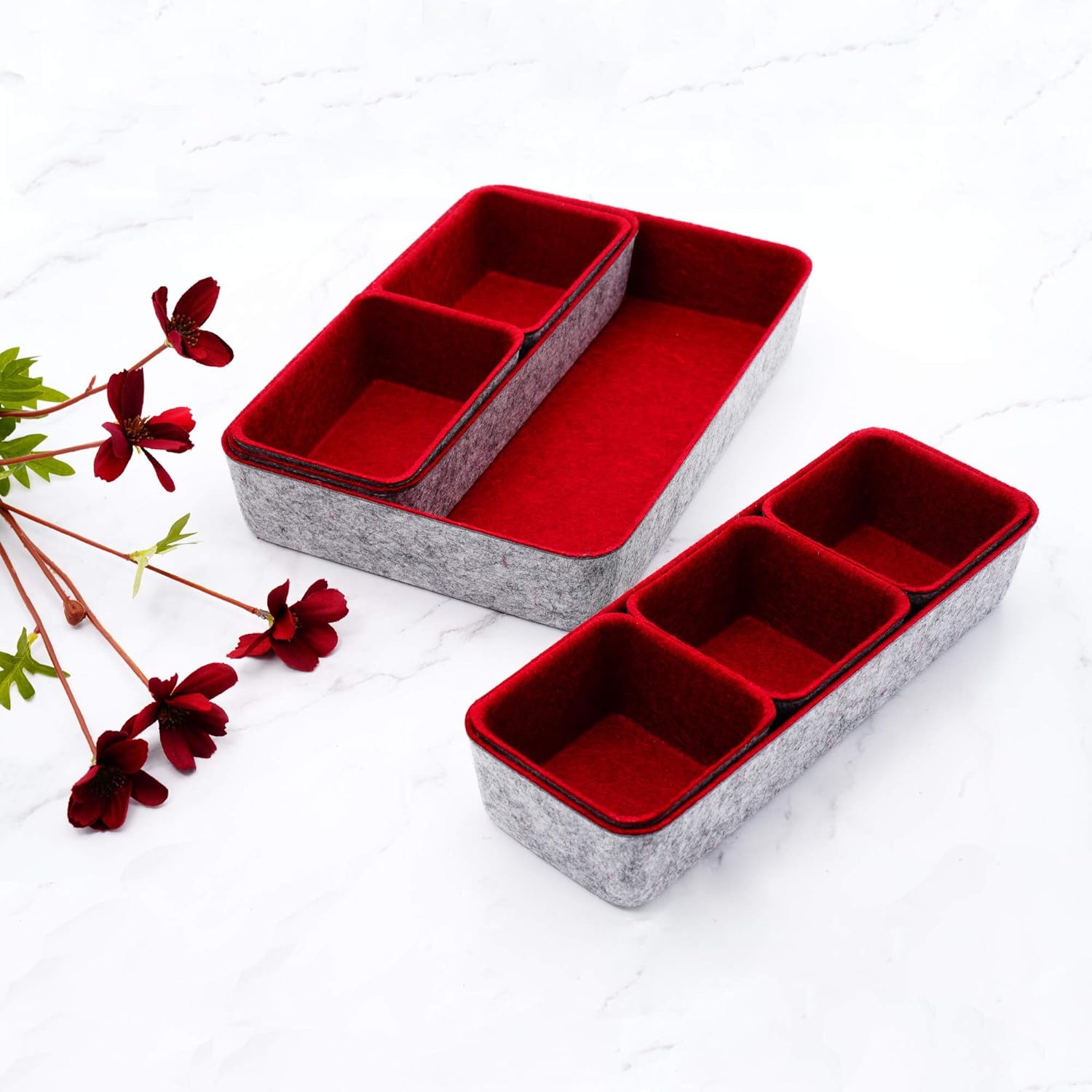 Welaxy Desk Drawer organizers tray Felt storage bins office Sleek Minimalist Lifestyle chic aesthetics room décor for dorm closet decluttering 8-piece (Burgundy)