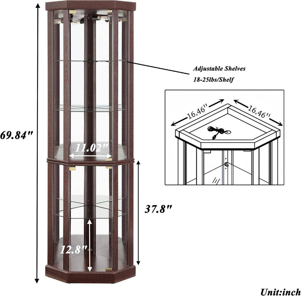 69" H Lighted Corner Curio Cabinet Display Case With Adjustable Shelves,...
