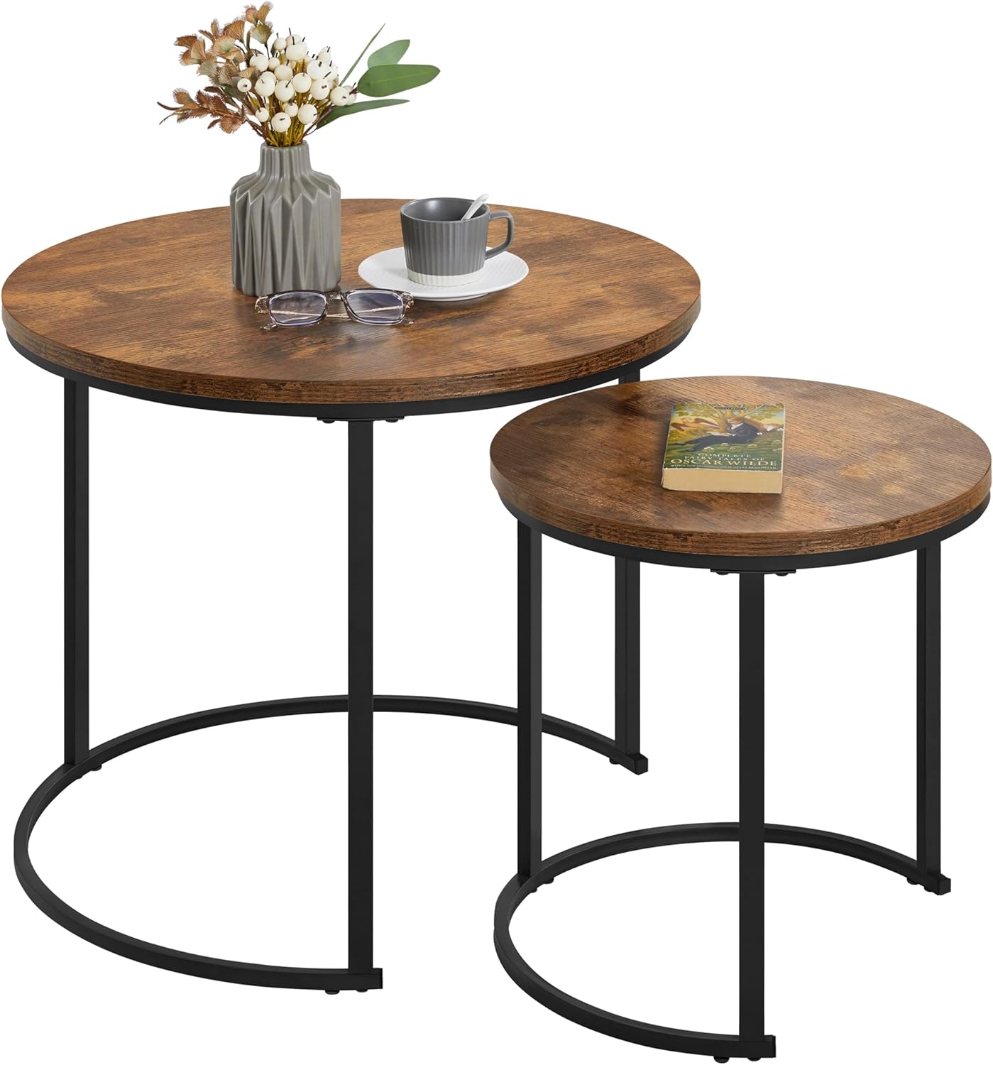 Yaheetech Small Round Nesting Coffee & Side Table Set of 2, Rustic Brown | Space-Saving Nesting Design, Engineered Wood Tops on Black Metal Frames, Use Apart as End Tables, Easy Assembly, 99 lb Max