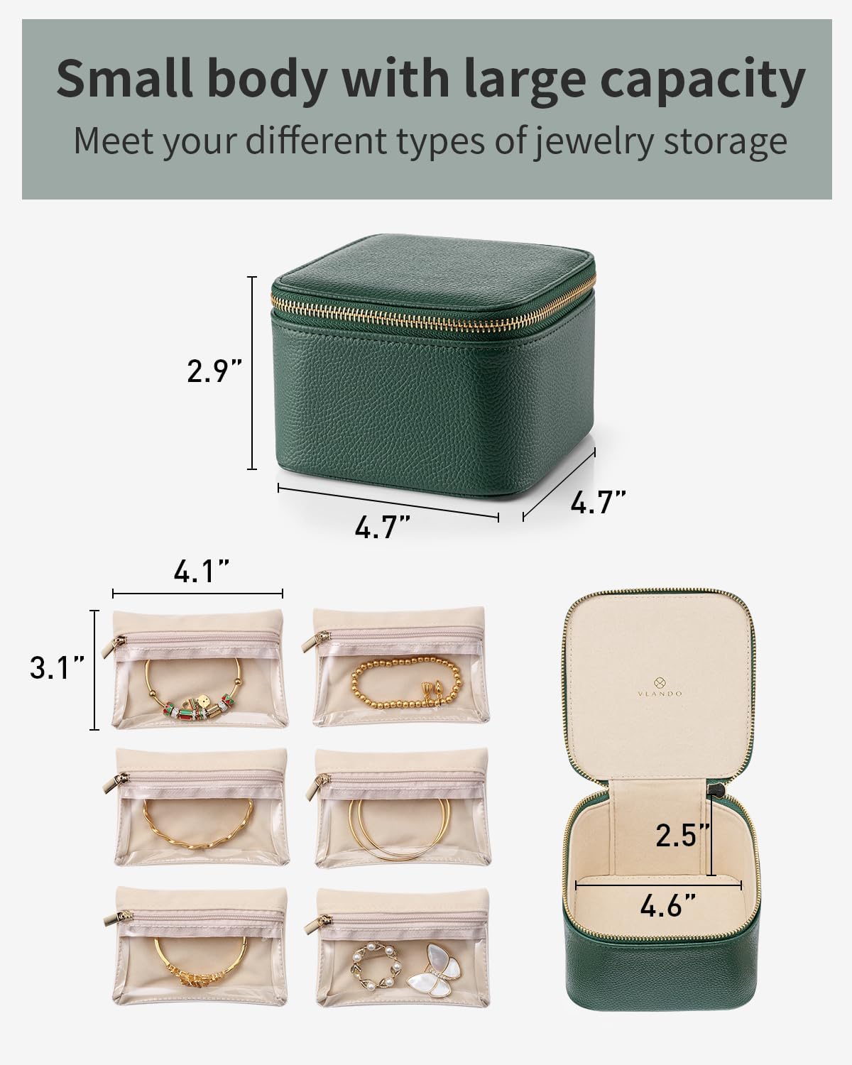 Vlando Gifts for Teachers,Travel Jewelry Box with 6 Velvet Jewelry Zipper Pockets Jewelry Case Premium Petal Hardware Travel Jewelry Organizer Graduation Gifts (Green)