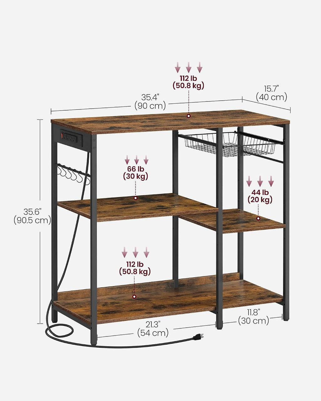 VASAGLE Baker's Rack, Coffee Bar Stand with Charging Station, 35.6 Inches Tall, Storage Shelves, Pull-Out Wire Basket, Table for Microwave, Kitchen, Rustic Brown and Ink Black UKKS036K01