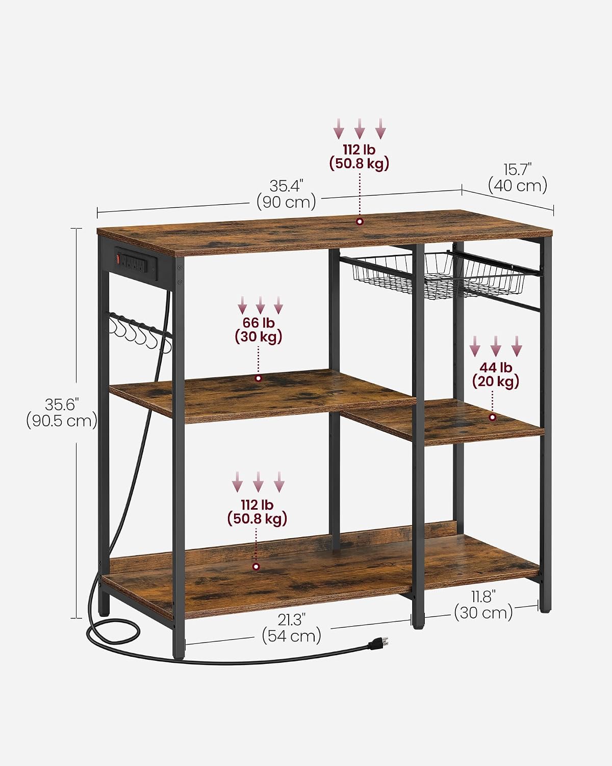 VASAGLE Baker's Rack, Coffee Bar Stand with Charging Station, 35.6 Inches Tall, Storage Shelves, Pull-Out Wire Basket, Table for Microwave, Kitchen, Rustic Brown and Ink Black UKKS036K01