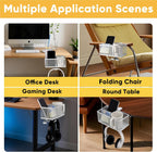4 in 1 Metal Clip On Cup Holder Attachment for Gaming Desk or Table, Sturdy and Easy to Clamp, Attachable Anti-Spill Cup Holder for Salon Chair, Bedside, Water Bottles, Drinks, Headphones - White