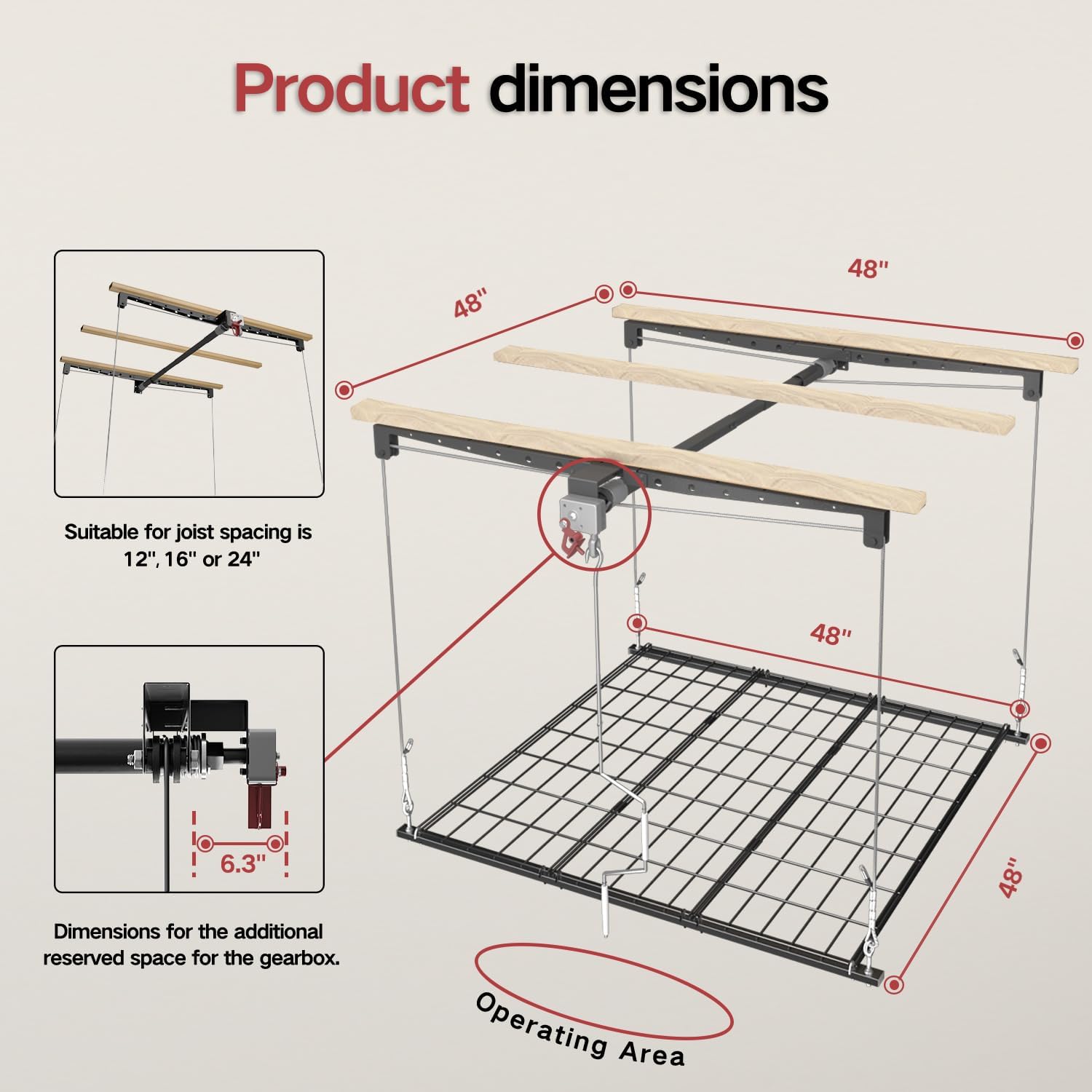 Overhead Garage Storage Rack for 12–14 FT Ceiling, Heavy-duty 4x4 FT Ceiling Storage Racks with Safety Lock, Ideal for Garage Storage Mounted Lift System and Storage Organizer, 250lbs Capacity